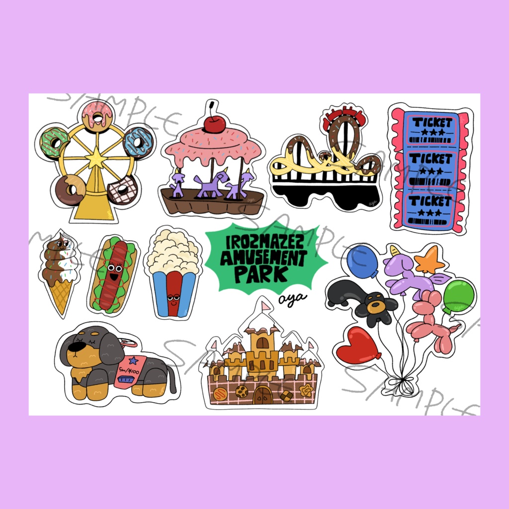 いろまぜフード遊園地🎡🎢ステッカーシート 10種がぎゅぎゅっと一枚に!