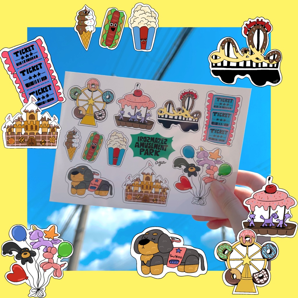 いろまぜフード遊園地🎡🎢ステッカーシート 10種がぎゅぎゅっと一枚に!