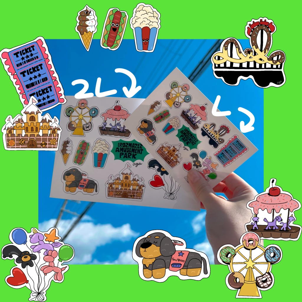 いろまぜフード遊園地🎡🎢ステッカーシート 10種がぎゅぎゅっと一枚に!