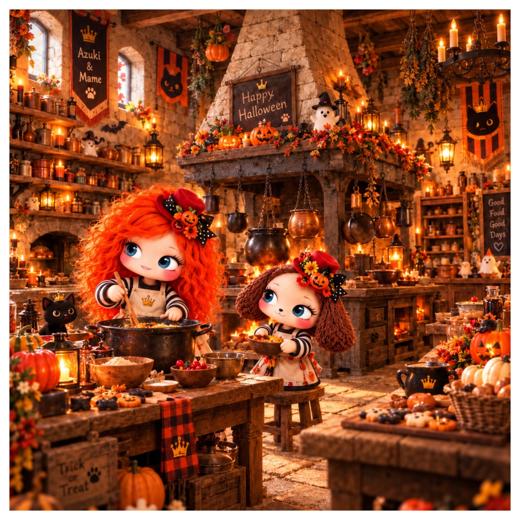 あずきとまめ|ハロウィンの魔法のキッチン デジタルイラスト01
