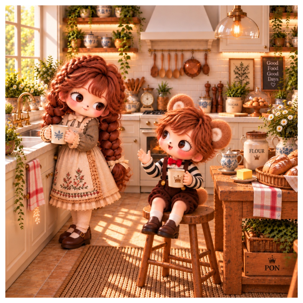 あずきとまめ|もんちゃんとぽん 秋色キッチンのティータイム デジタルイラスト
