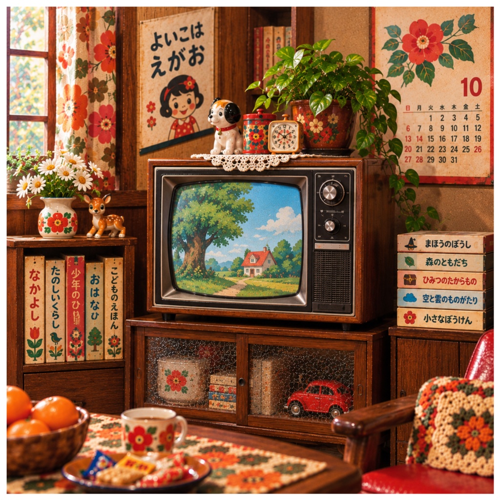 あずきとまめ｜昭和レトロな暮らし22 テレビと絵本のある部屋｜デジタルイラスト