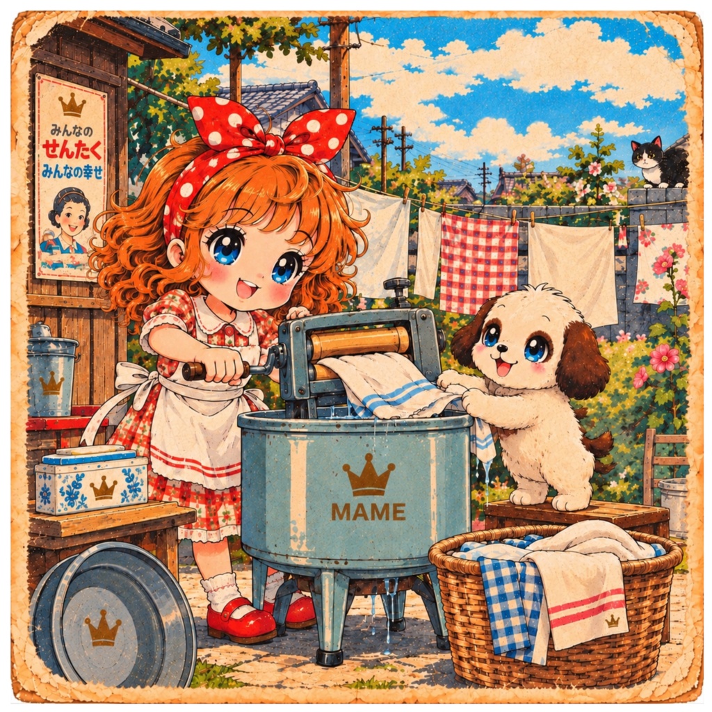 あずきとまめ｜昭和レトロな暮らし24 夏の日のお洗濯｜デジタルイラスト