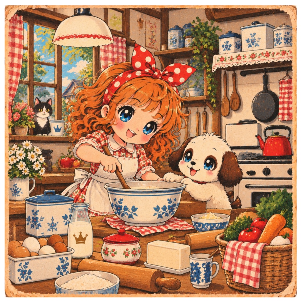 あずきとまめ｜昭和レトロな暮らし26 台所でお料理のお手伝い｜デジタルイラスト