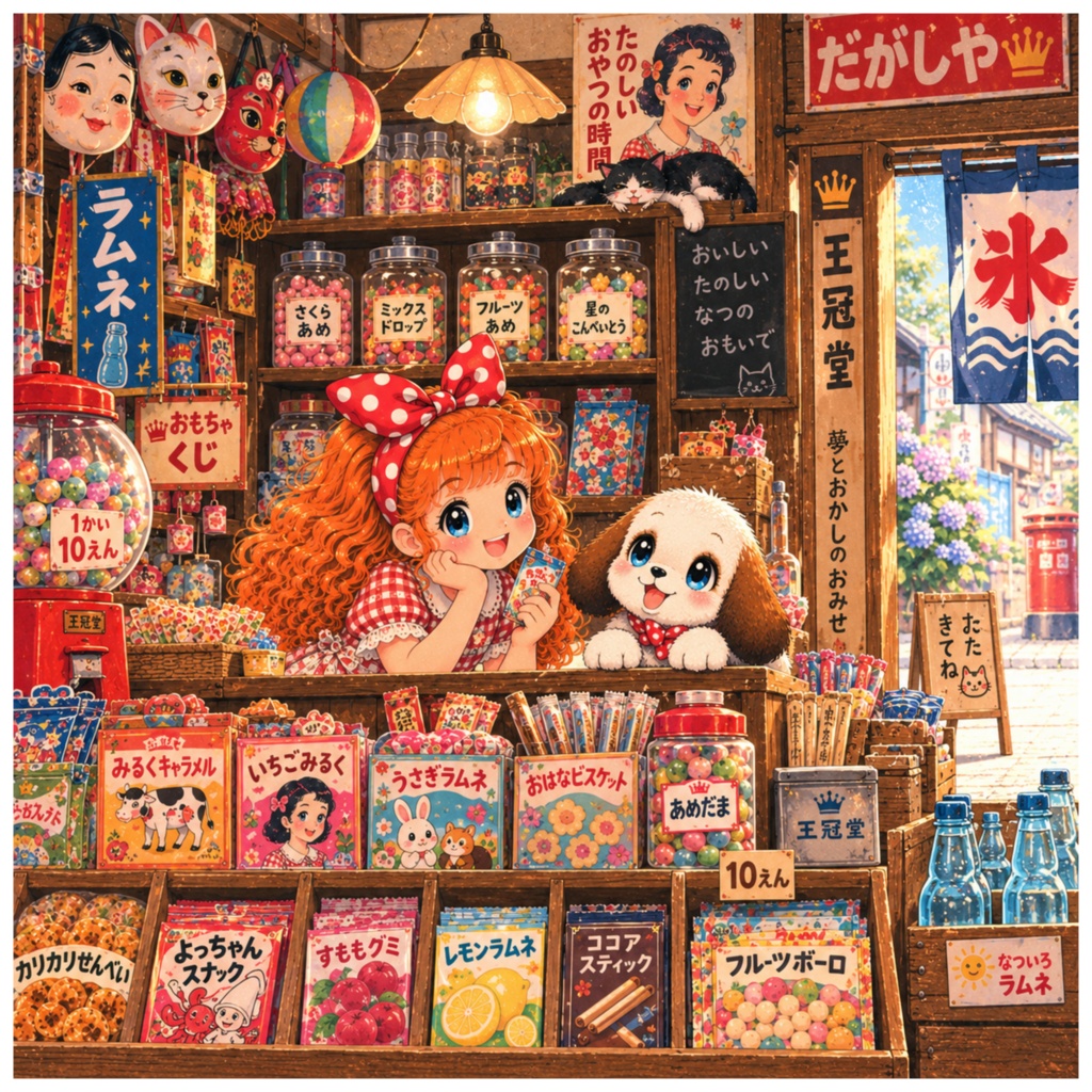 あずきとまめ｜昭和レトロな暮らし28 懐かしの駄菓子屋さん｜デジタルイラスト