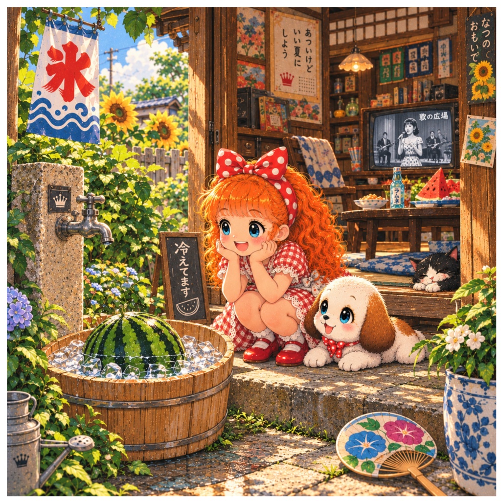 あずきとまめ|昭和レトロな暮らし29 縁側で冷やしたスイカ|デジタルイラスト