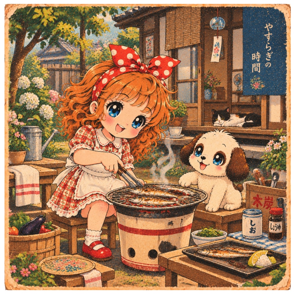 あずきとまめ｜昭和レトロな暮らし32 七輪で焼き魚と夏の縁側｜デジタルイラスト