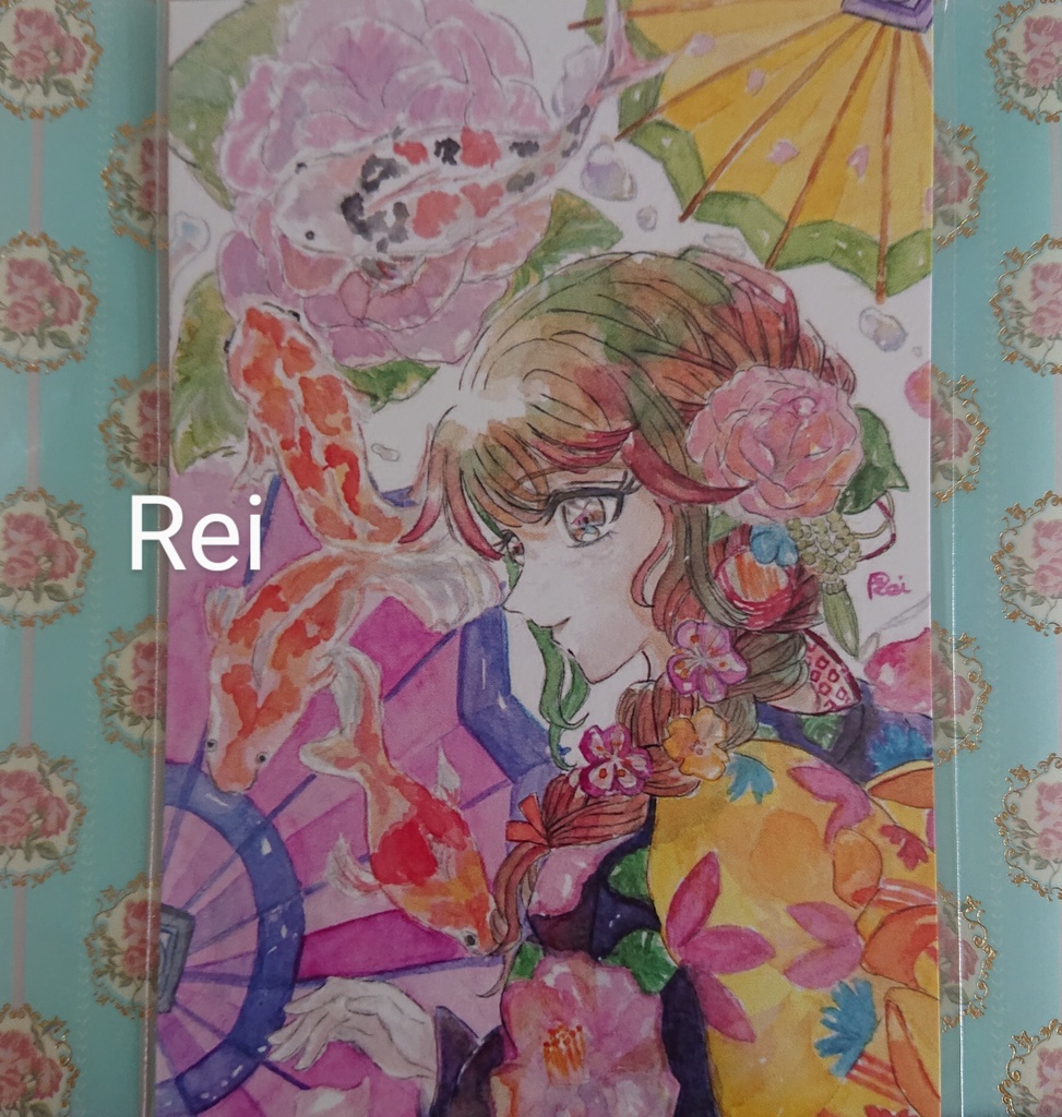 ポストカード 椿と鯉