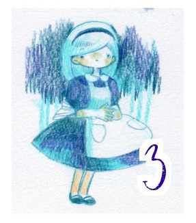 あをいろアリス瓶詰め仕立ての色鉛筆画