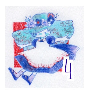 あをいろアリス瓶詰め仕立ての色鉛筆画