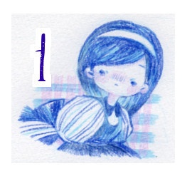 あをいろアリス瓶詰め仕立ての色鉛筆画