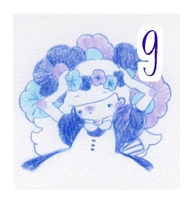 あをいろアリス瓶詰め仕立ての色鉛筆画