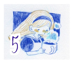 あをいろアリス瓶詰め仕立ての色鉛筆画