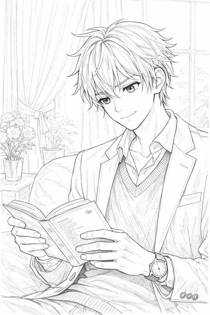 色鉛筆塗り絵用線画 トラ 読書