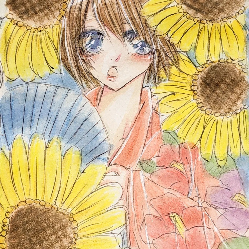 手描きイラスト ハンドメイド オリジナル ひまわり①