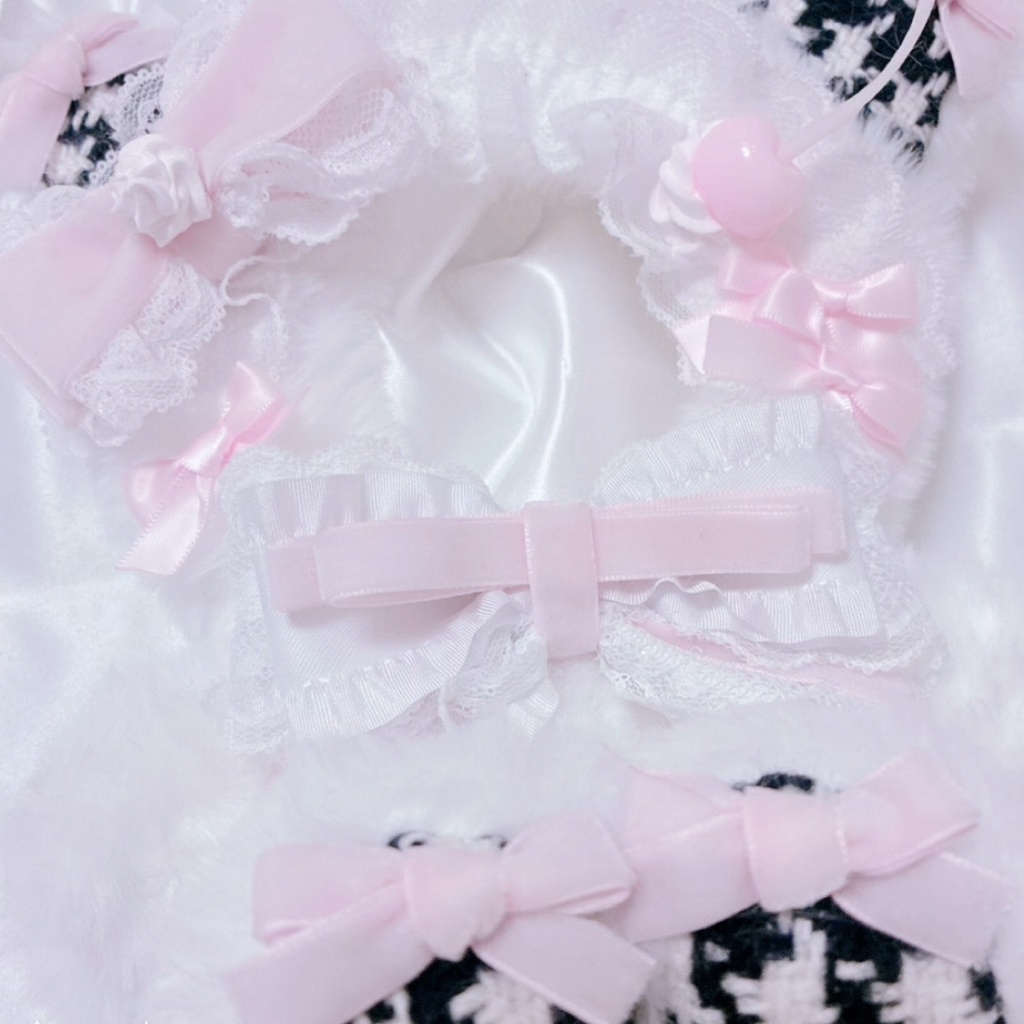 【甘ロリホイップ♡千鳥柄×ぴんくねこ】16cm おすわりぬい服 【バッグチャーム付き】