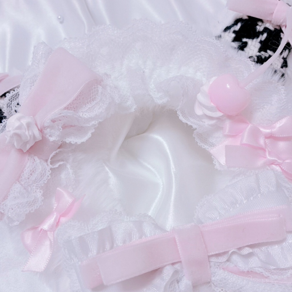 【甘ロリホイップ♡千鳥柄×ぴんくねこ】16cm おすわりぬい服 【バッグチャーム付き】