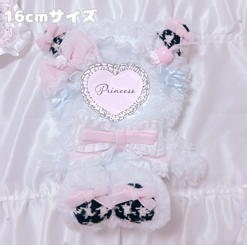 【甘ロリホイップ千鳥柄×みずいろねこ】16cm おすわりぬい服 【バッグチャーム付き】