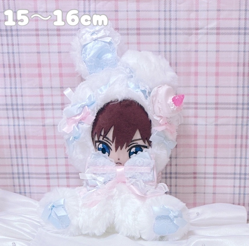 【いちごマカロン ♡片折れうさぎ】 おすわりぬい服 16cm ピンク ハンドメイド