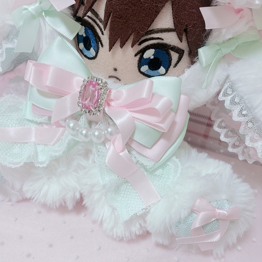 【🎀ハートケーキ♡ミント垂れ耳うさぎ🎀】おすわりぬい服 15cm ピンク ハンドメイド