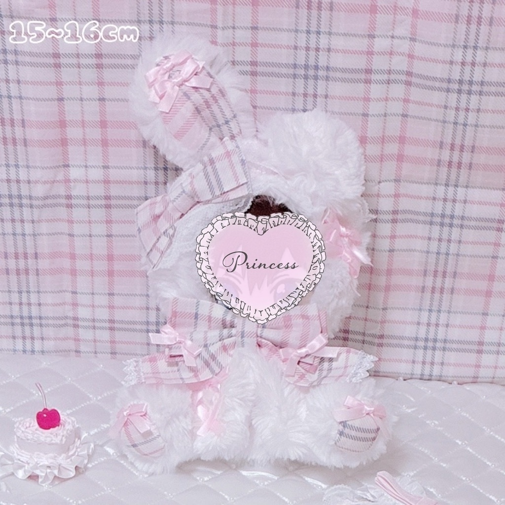 【🎀甘ロリチェック♡片折れうさちゃん🎀】16cm おすわりぬい服 ハンドメイド ピンク ロリータ