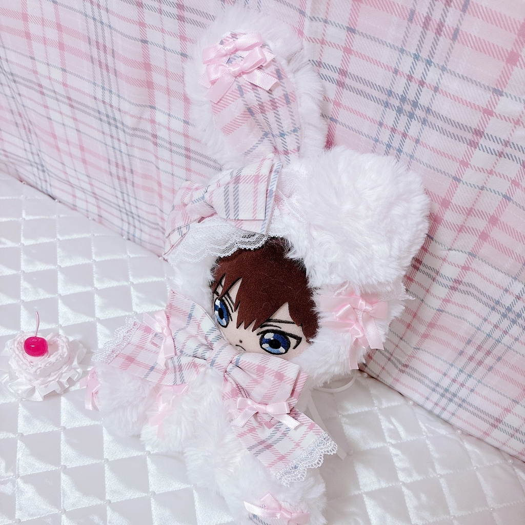 【🎀甘ロリチェック♡片折れうさちゃん🎀】16cm おすわりぬい服 ハンドメイド ピンク ロリータ