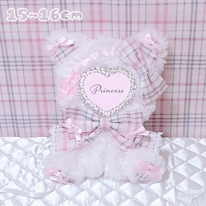 【🎀甘ロリチェック♡ぴんくねこちゃん🎀】16cm おすわりぬい服 ハンドメイド ピンク ロリータ