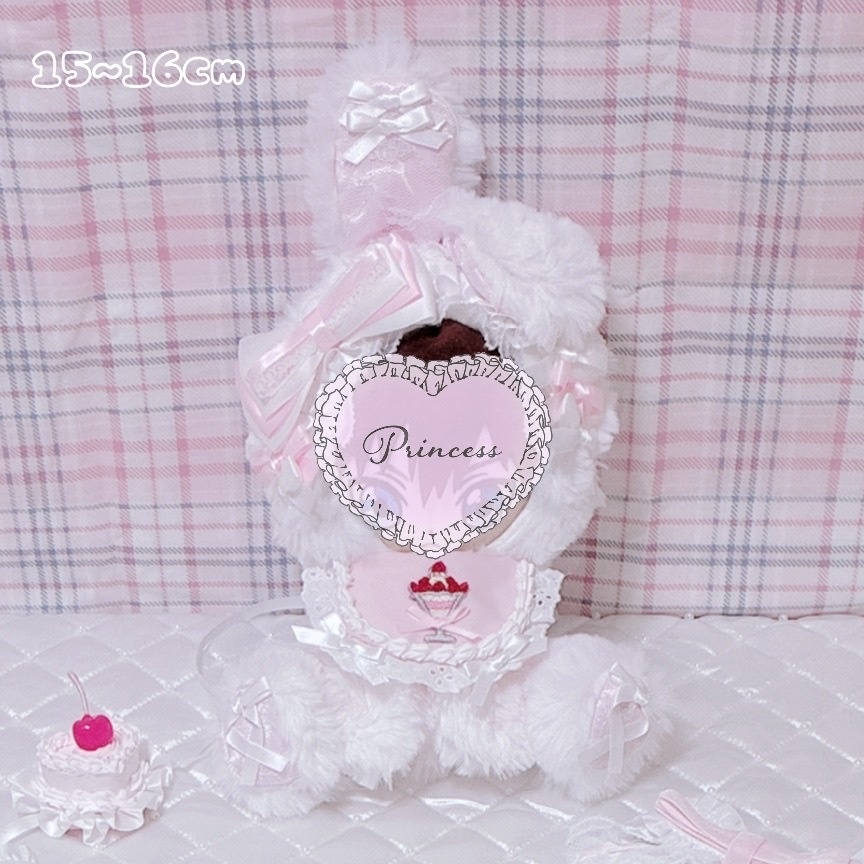 【いちごパフェ♡ピンク片折れうさちゃん】 おすわりぬい服 16cm ピンク ハンドメイド 甘ロリ