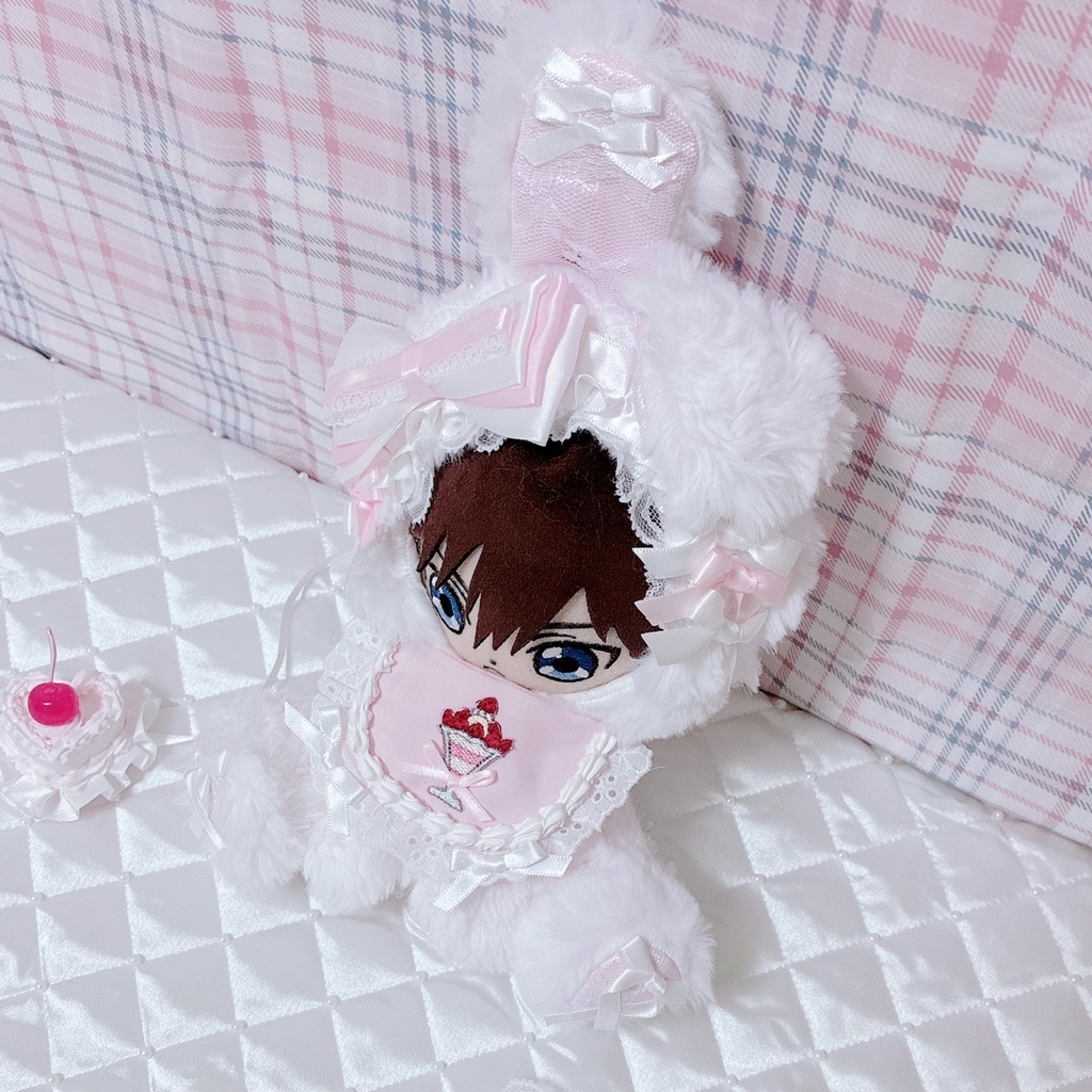 【いちごパフェ♡ピンク片折れうさちゃん】 おすわりぬい服 16cm ピンク ハンドメイド 甘ロリ