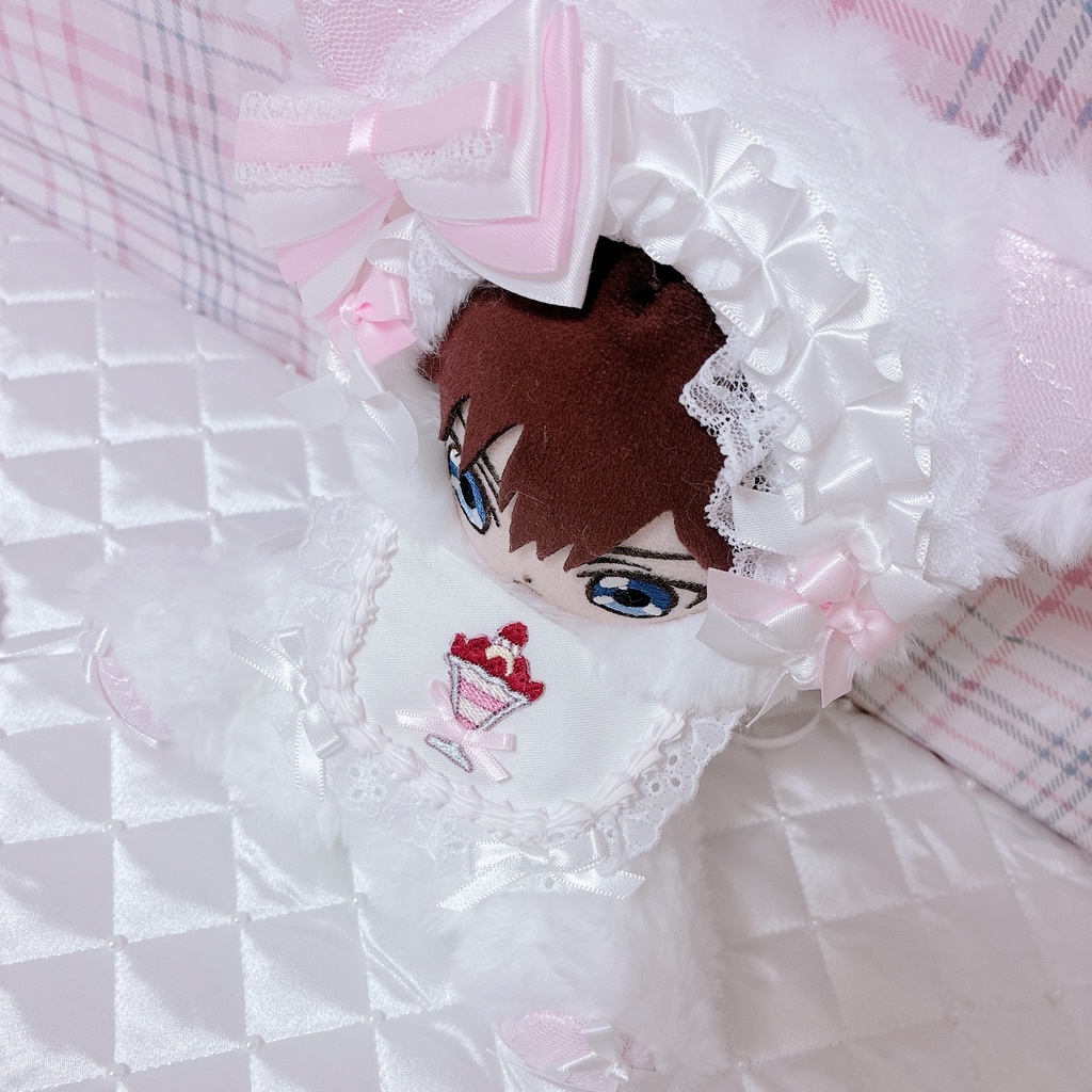 【いちごパフェ♡しろねこ】 おすわりぬい服 16cm ピンク ハンドメイド