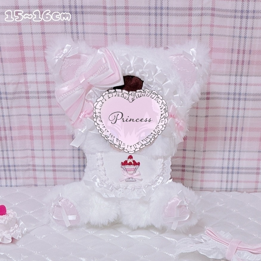 【いちごパフェ♡しろねこ】 おすわりぬい服 16cm ピンク ハンドメイド