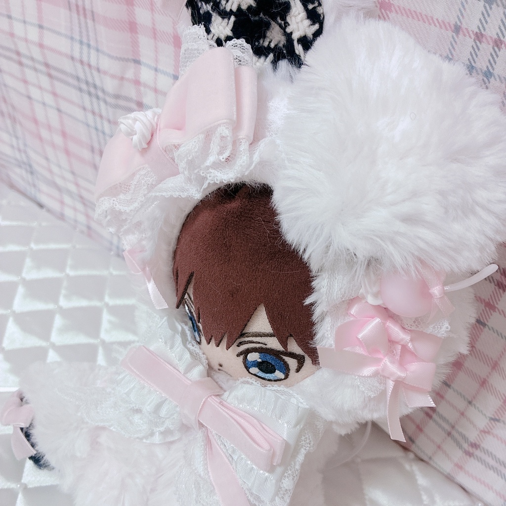 【甘ロリホイップ千鳥柄×ぴんくねこ】おすわりぬい服 16cm