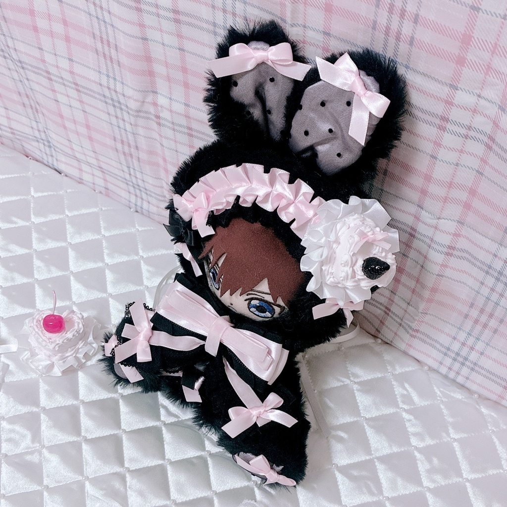 【Princess Noir♡くろねこちゃん】おすわりぬい服 16cm ピンク ハンドメイド 甘ロリ 地雷系