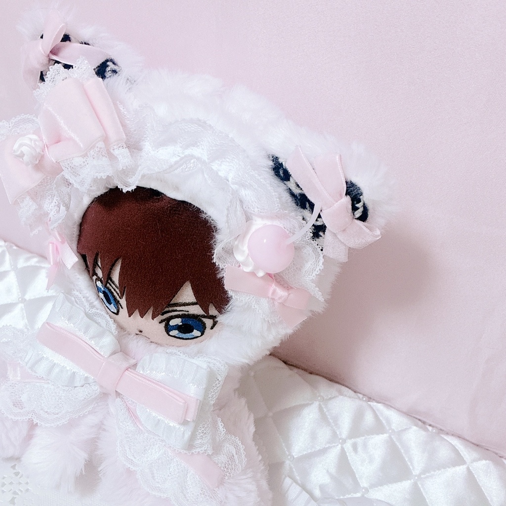 【甘ロリホイップ千鳥柄×ぴんくねこ】おすわりぬい服 16cm