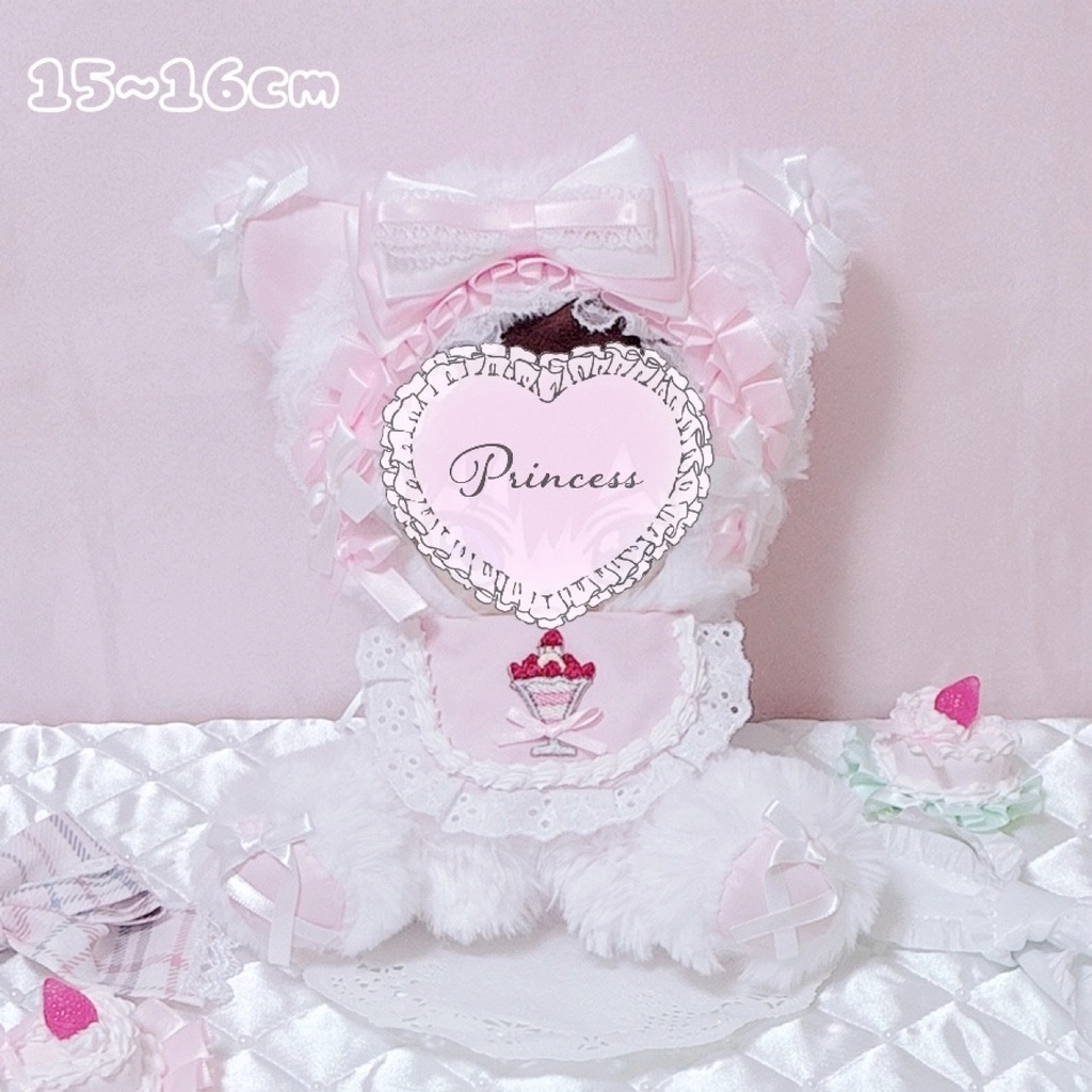 【いちごパフェ♡ピンクねこちゃん】 おすわりぬい服 16cm ピンク