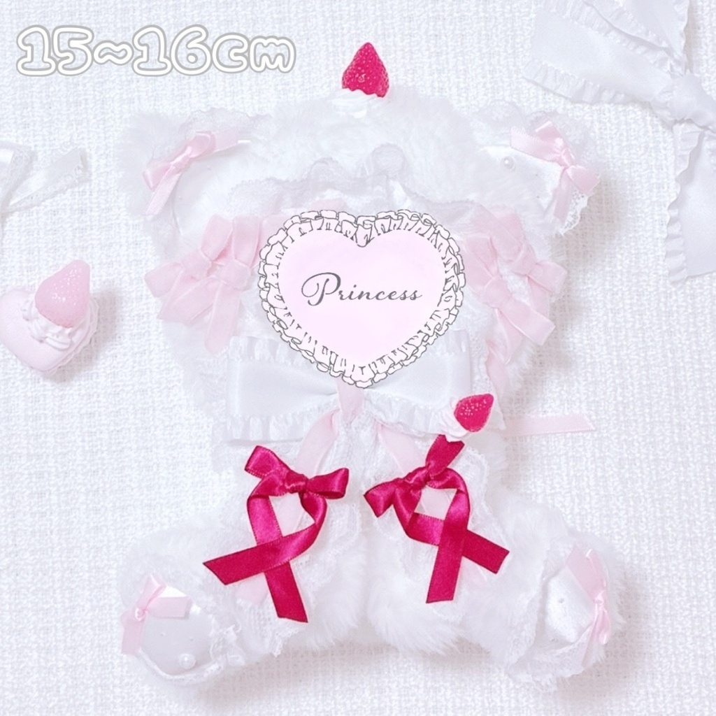 【Strawberry Shortcake♡white cat】おすわりぬい服 16cm ハンドメイド ロリータ ピンク