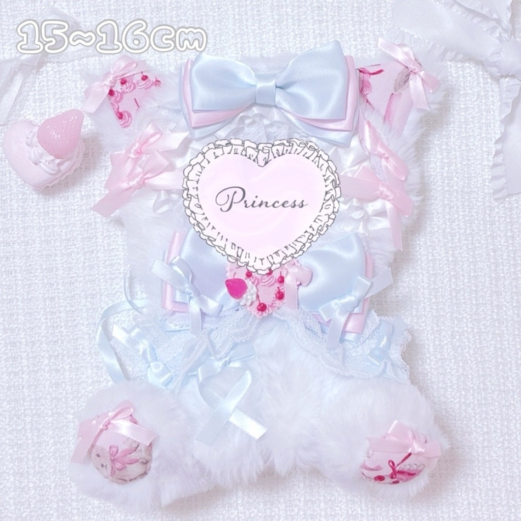 【チェリーケーキ柄♡水色ねこさん】おすわりぬい服 16cm ハンドメイド ロリータ 