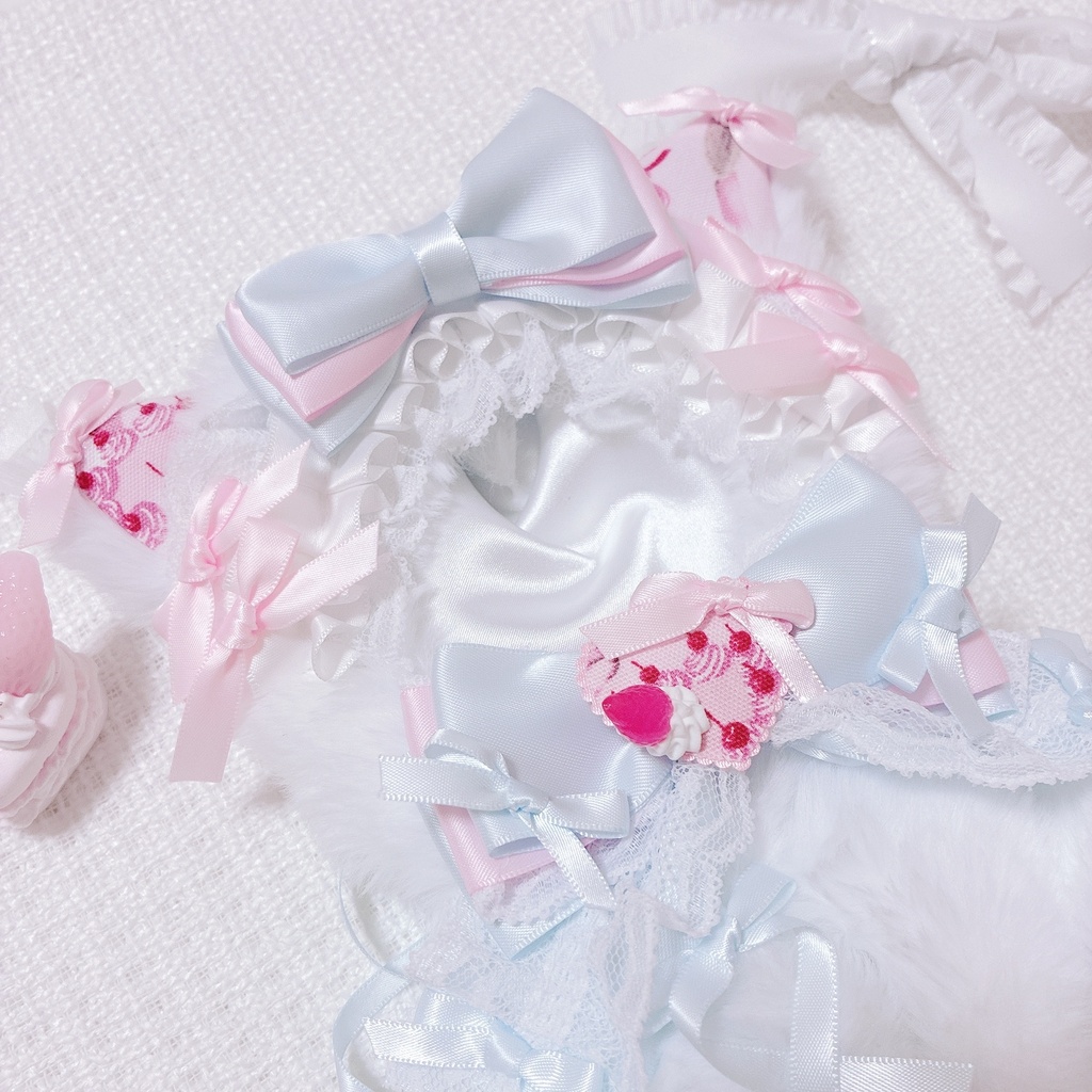【チェリーケーキ柄♡水色ねこさん】おすわりぬい服 16cm ハンドメイド ロリータ