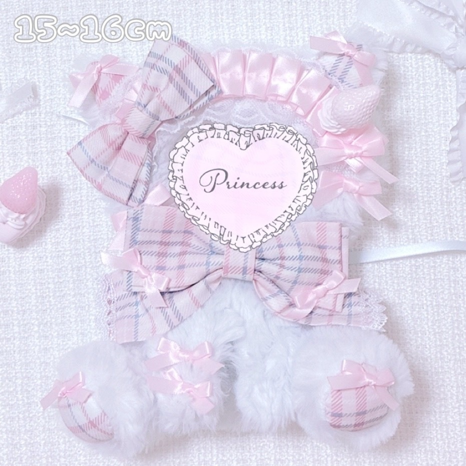 【甘ロリチェック♡水色ねこ】おすわりぬい服  16cm  ハンドメイド ピンク