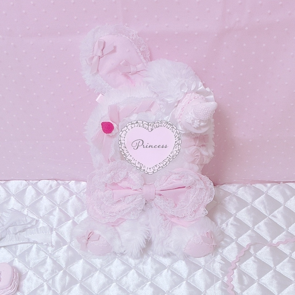 【Milky Strawberry macaron♡ピンクうさぎ】おすわりぬい服 16cm ロリータ ハンドメイド
