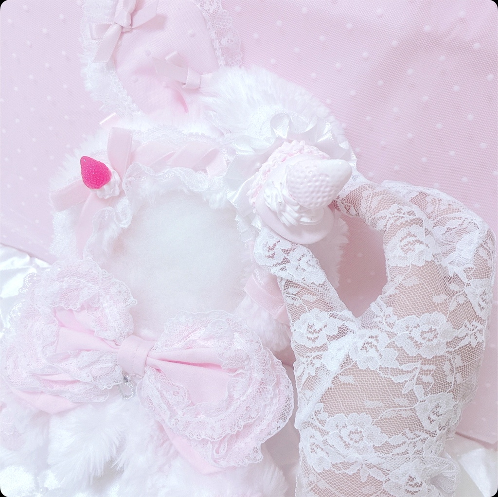 【Milky Strawberry macaron♡ピンクうさぎ】おすわりぬい服 16cm ロリータ ハンドメイド