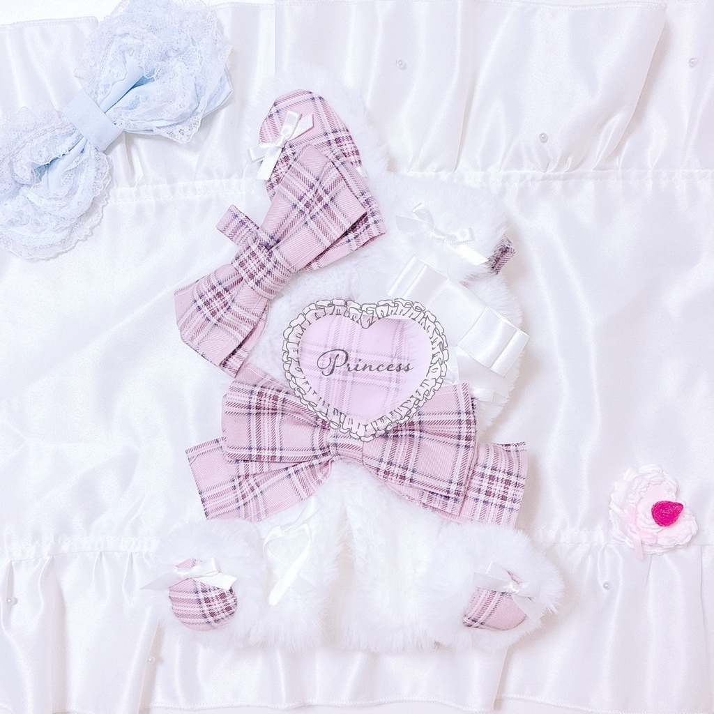 【Pink Tartan Check♡Rabbit】おすわりぬい服 16cm ピンク ハンドメイド ロリータ