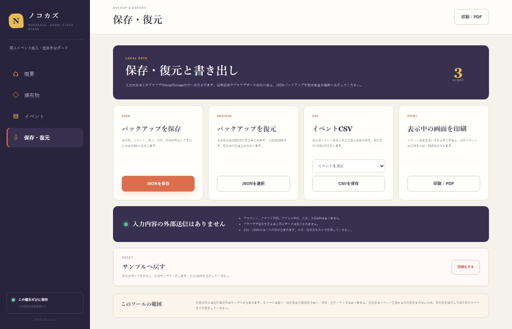 ノコカズ|同人イベント搬入・頒布数・在庫差分チェック【買い切り・オフライン】