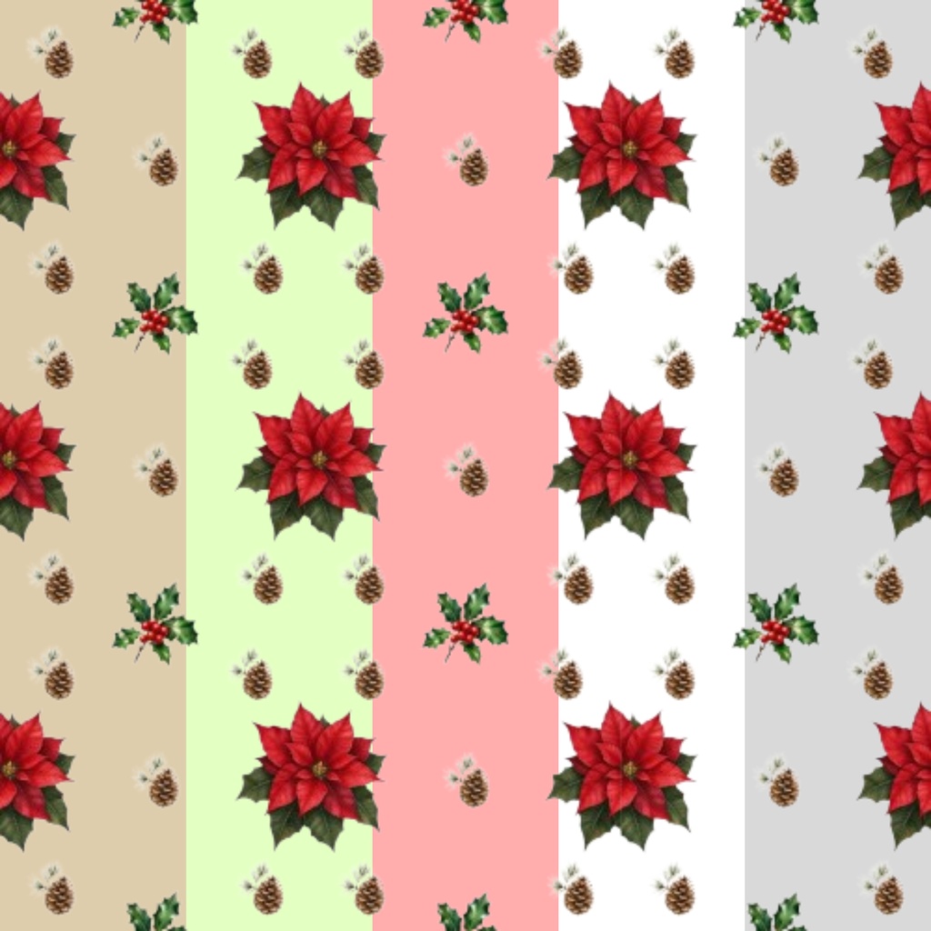 【デジタル手帳デコ・印刷用】ボタニカルクリスマス・デジタルペーパー 5色セット｜ポインセチア＆ヒイラギ（PNG）