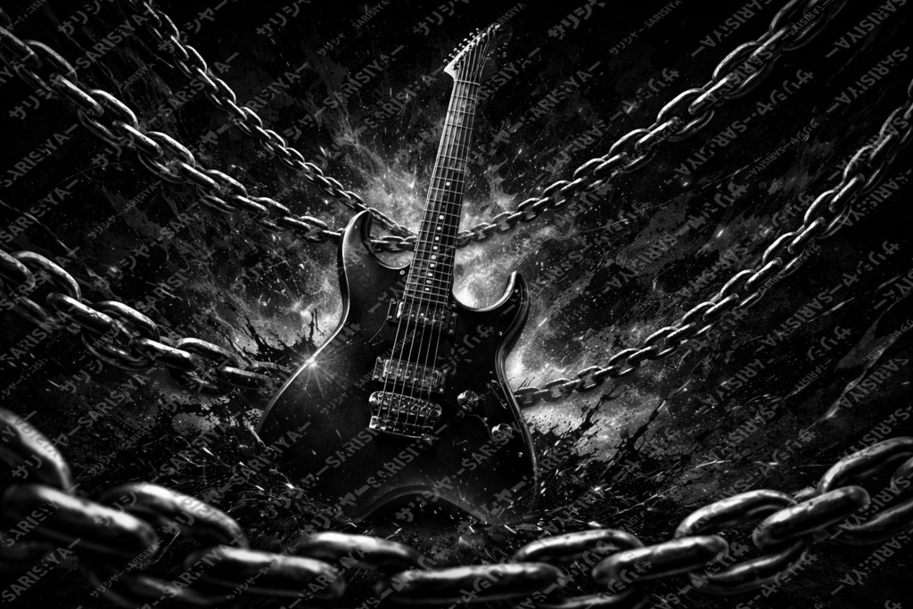 🔥 炎と鎖 ⛓ に包まれたギター 🎸 カッコいい背景作ってみた☆ 💀商用利用OK💀👈※「サリシヤ」かここのURLを入力で※
