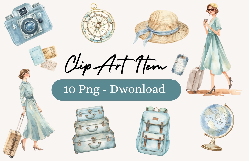 【水色旅シリーズ】水彩アンティーク風クリップアート10点セット｜PNG背景透過