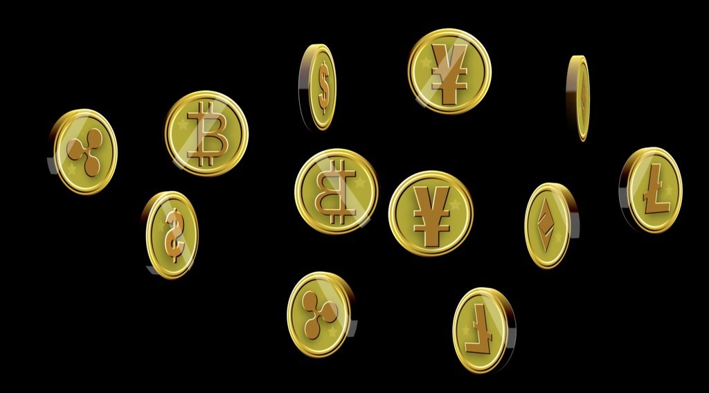 仮想通貨やドル円のコインが回転しながら降ってくる３Dの透過動画