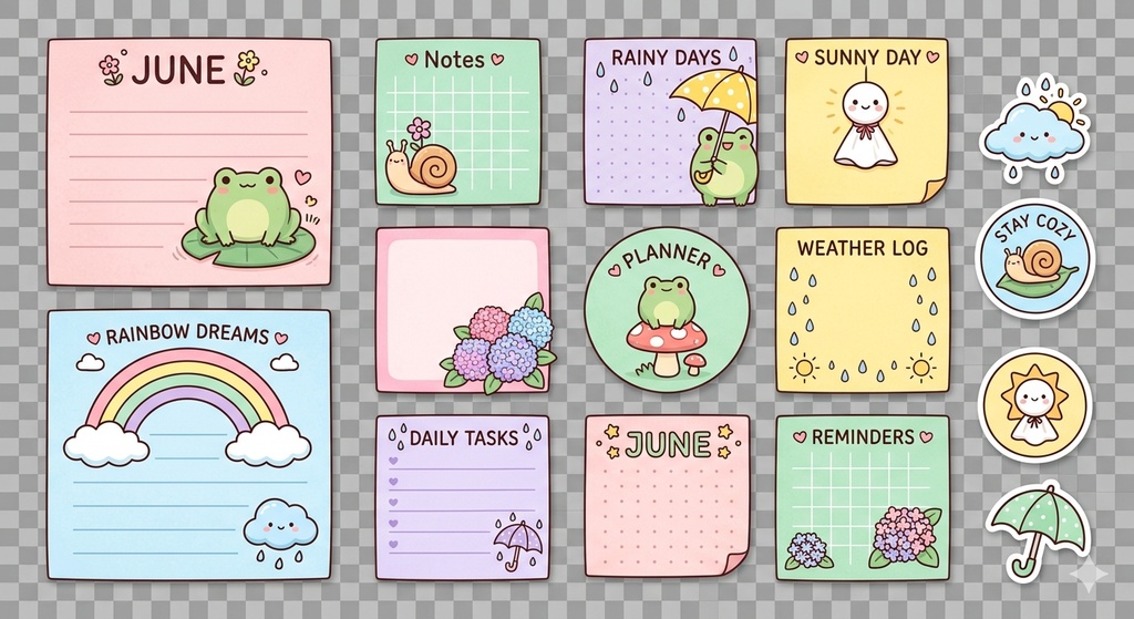【デジタル素材】6月のほっこり梅雨色♪ デジタル付箋＆メモセット