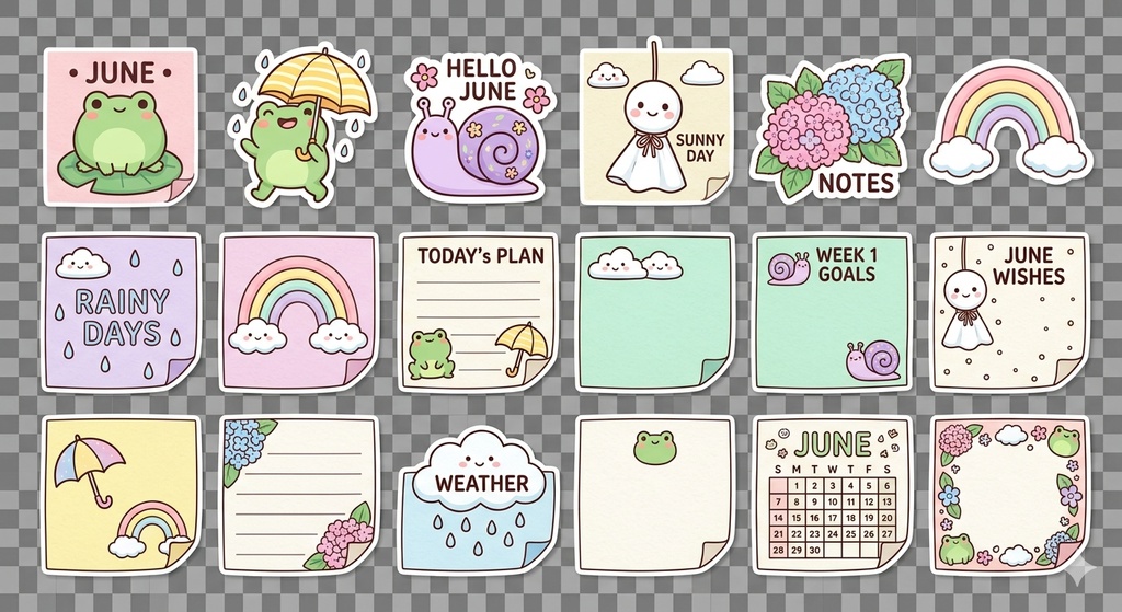 【デジタル素材】6月のほっこり梅雨色♪ デジタル付箋&メモセット