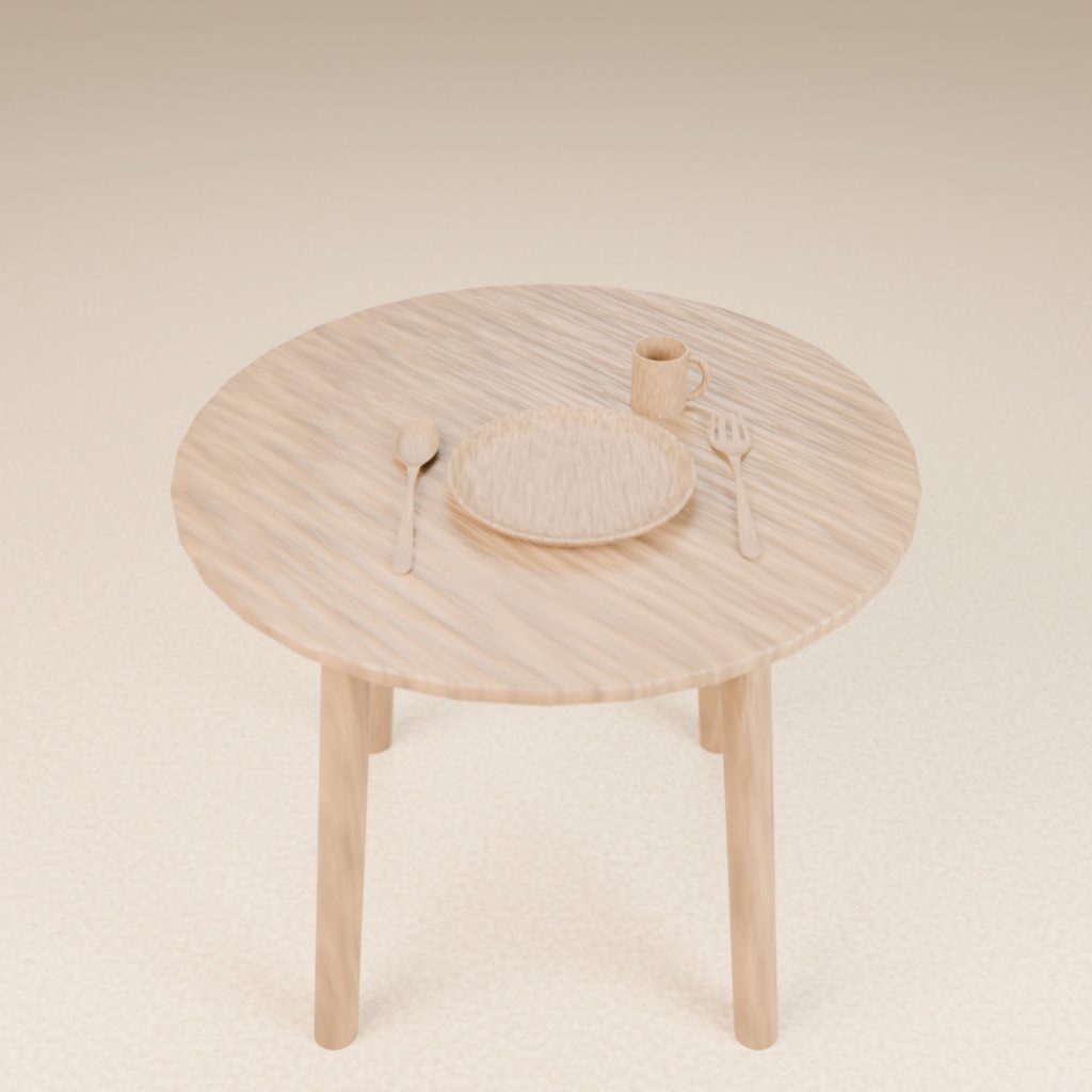 ナチュラル食卓セット|木製食器4点の3Dモデル素材【ナチュラルライフ小物シリーズ】